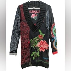 Vintage Desigual Floral Mandala Patchwork Knit Sweater Dress Size L